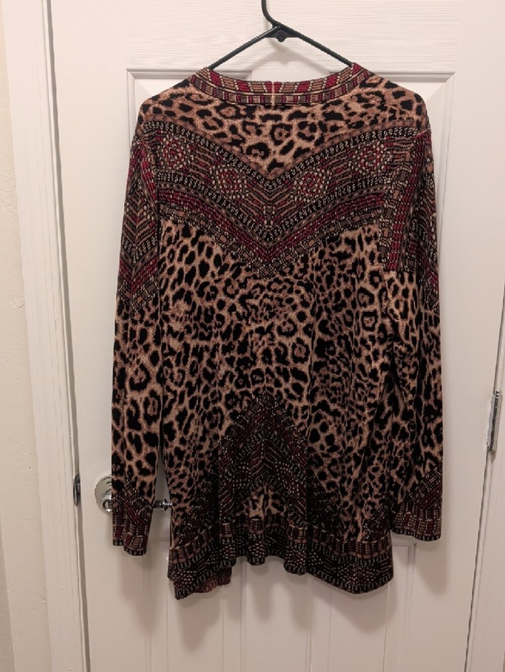 Ruby Rd. Open-Front Leopard Print Cardigan in Brown and Red - Picture 2 of 5